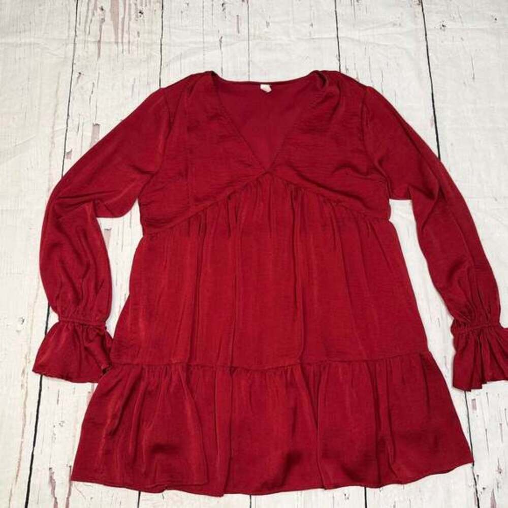Glam Red Satin Tiered Long Sleeve V-Neck Babydoll Mini Dress Womens Size M Party
